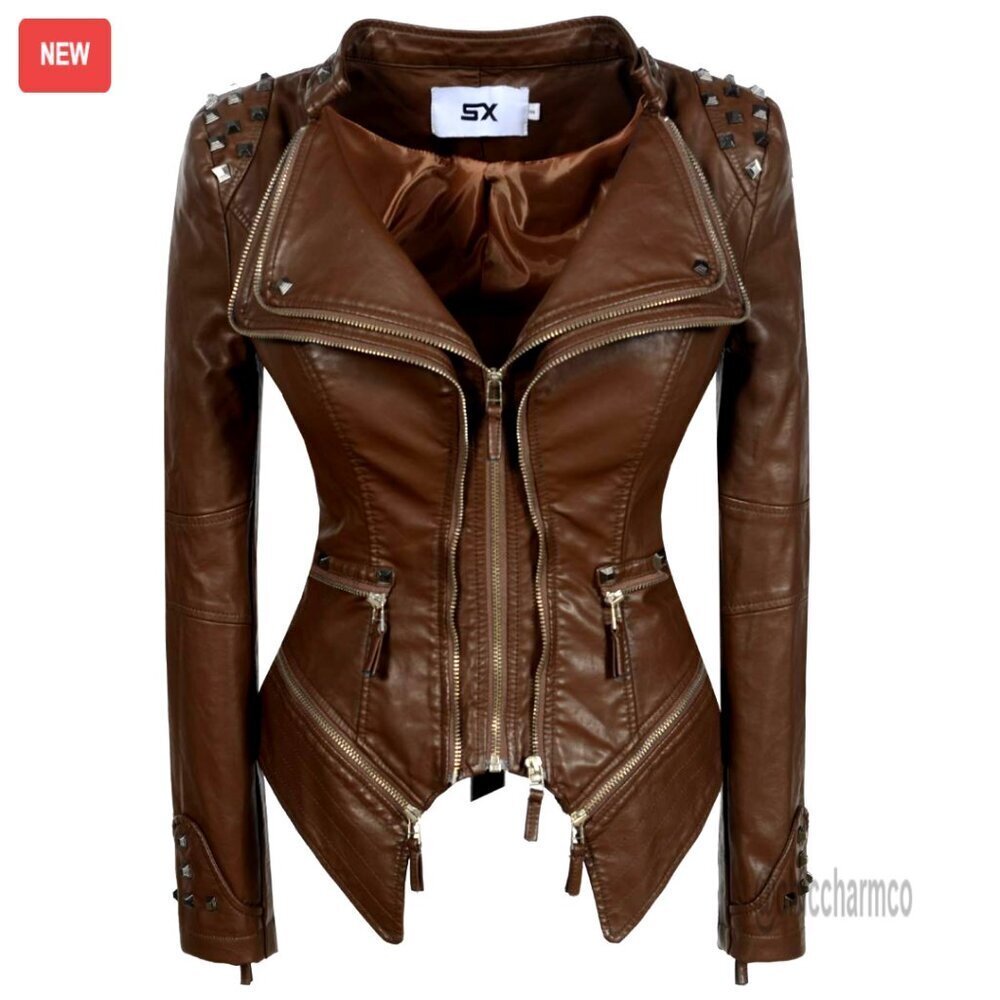 Classic Leather Motorcycle Jacket Punk Rivet Dovetail Design Casual Fashion